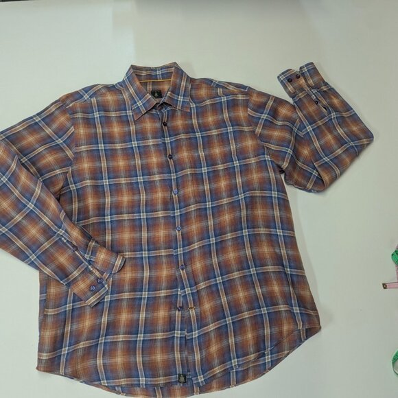 Robert Talbott Size Large Orange/Blue Plaid Button Down in 100% Linen - Picture 6 of 16